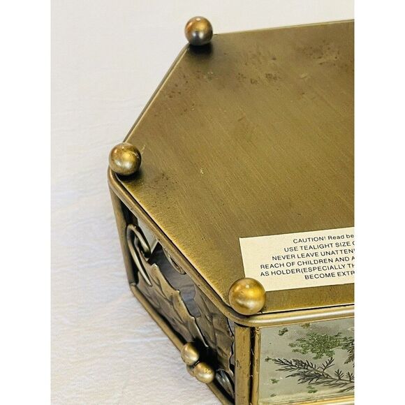 CANDLE HOLDER Hexagon w/Alternate Panels Of  Metal Holly  Scrolls & Glass Ferns - Picture 7 of 9